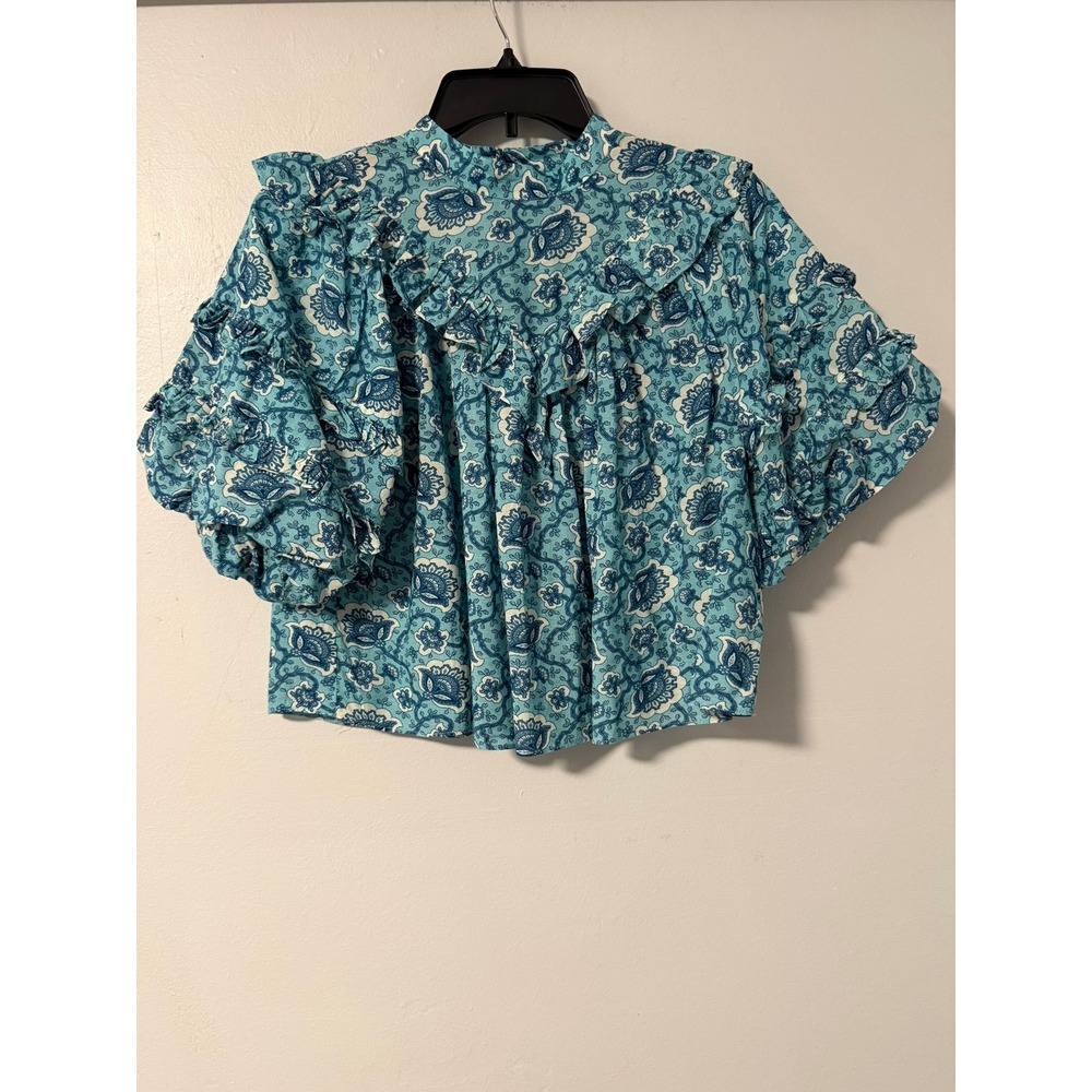 Rhode Top Blue Floral Paisley Ruffle Puff Sleeve Blouse Size 0